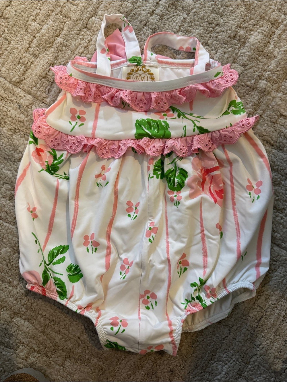 The Beaufort Bonnet Company Pink Floral Ruffle Bubble Swim 6/12 mos